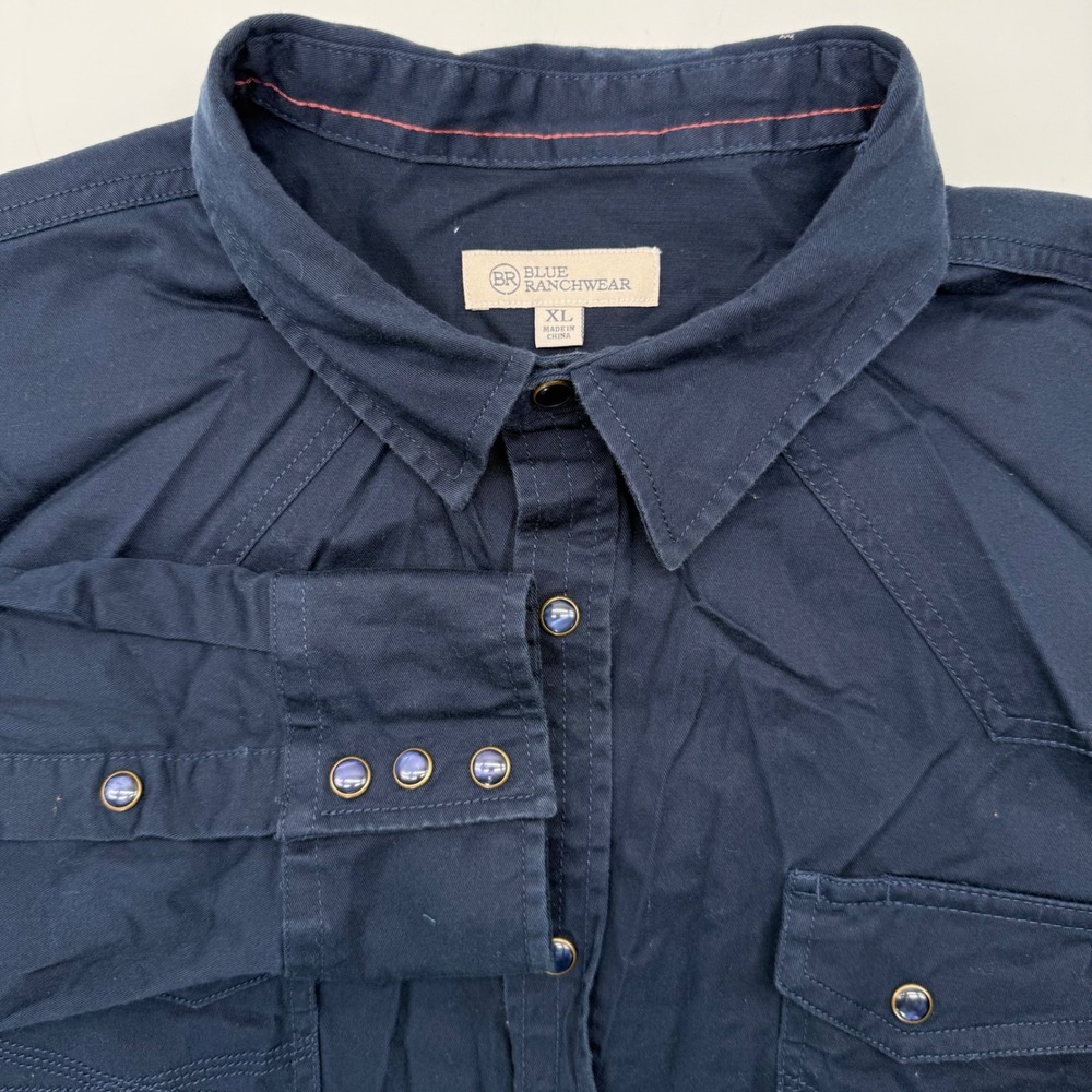 Blue Ranchwear Western Shirt Men XL Navy Pearl Snap Cotton Blend Cowboy Workwear
